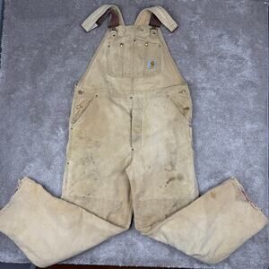 Vtg Carhartt Double Knee Duck Canvas Work Overalls Beige Size 38x30 Utility